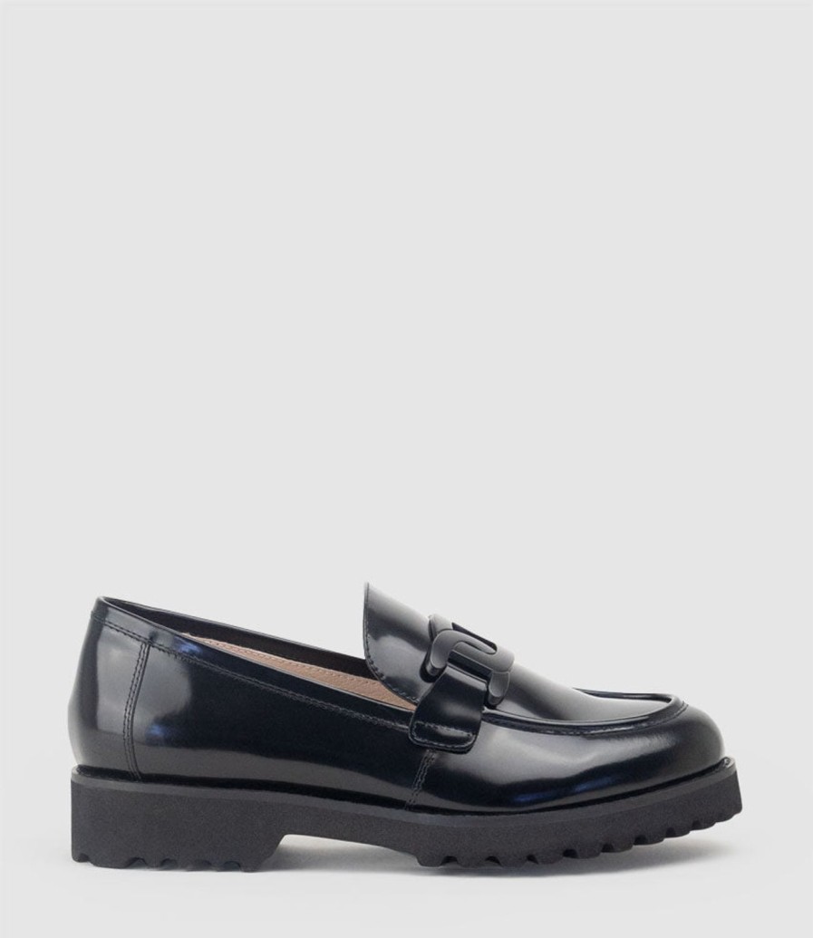 Edward Meller Galad Moccasin With Hardware In Black High Shine Clearance