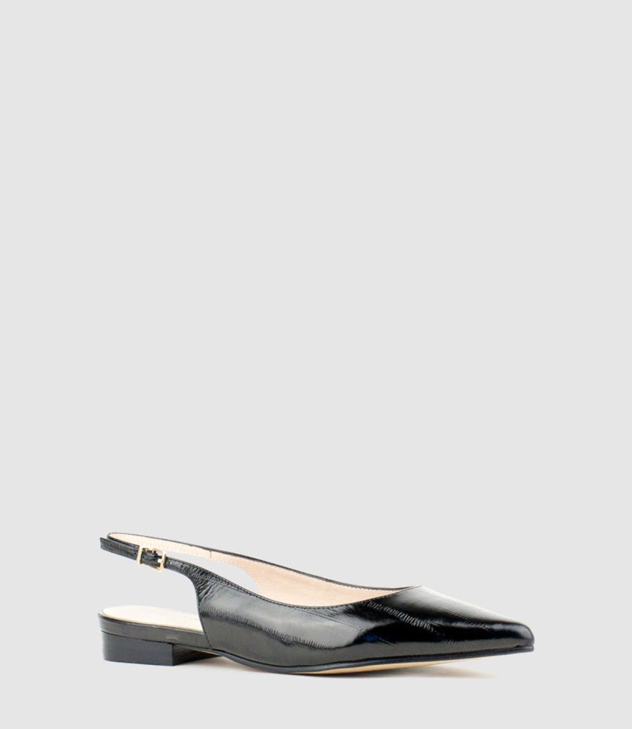 Edward Meller Elvan Flat Pointed Slingback In Black Eel Clearance