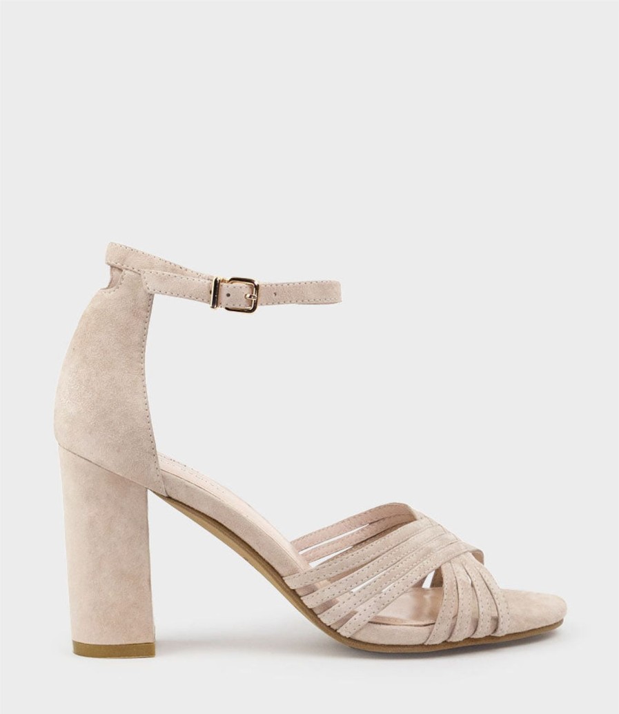 Edward Meller Karina85 Multistrap Block Heel Sandal In Blush Suede Clearance