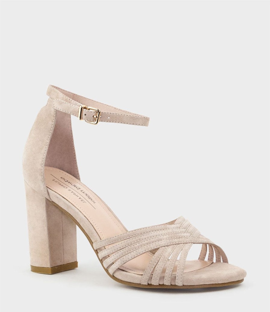 Edward Meller Karina85 Multistrap Block Heel Sandal In Blush Suede Clearance