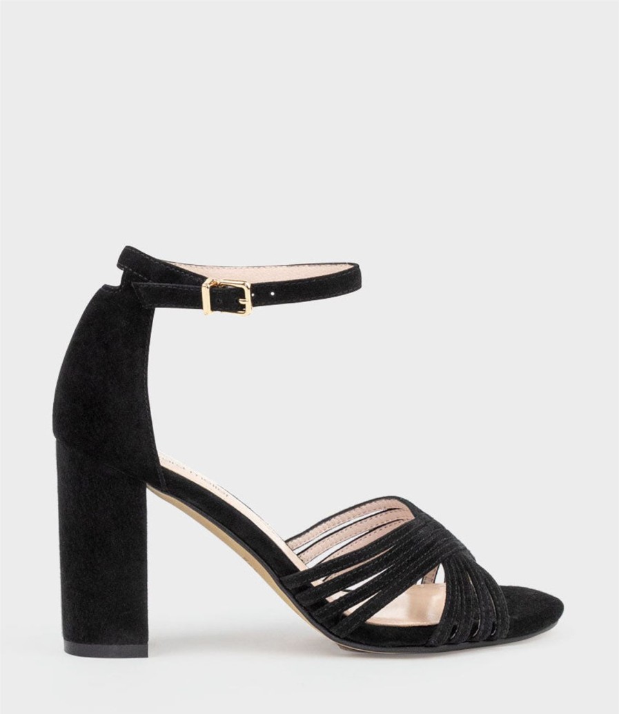 Edward Meller Karina85 Multistrap Block Heel Sandal In Black Suede Hot