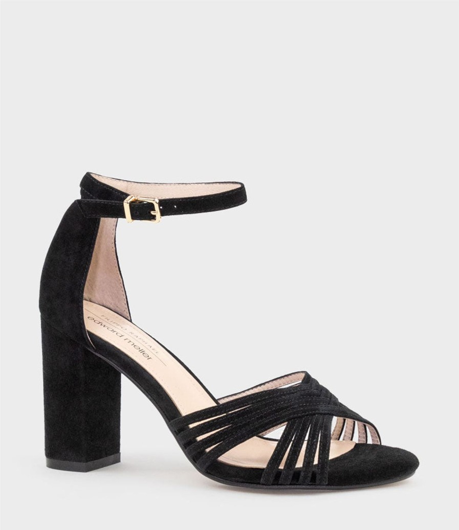 Edward Meller Karina85 Multistrap Block Heel Sandal In Black Suede Hot