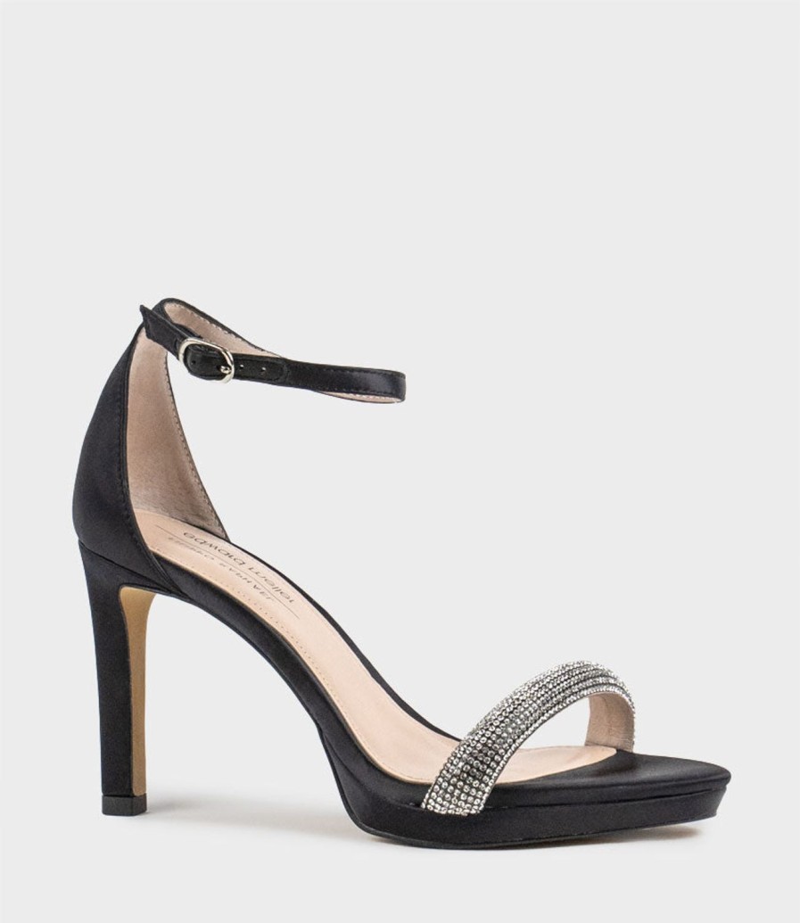 Edward Meller Satina90 Diamond Band Sandal Platform Sandal In Black Satin Best