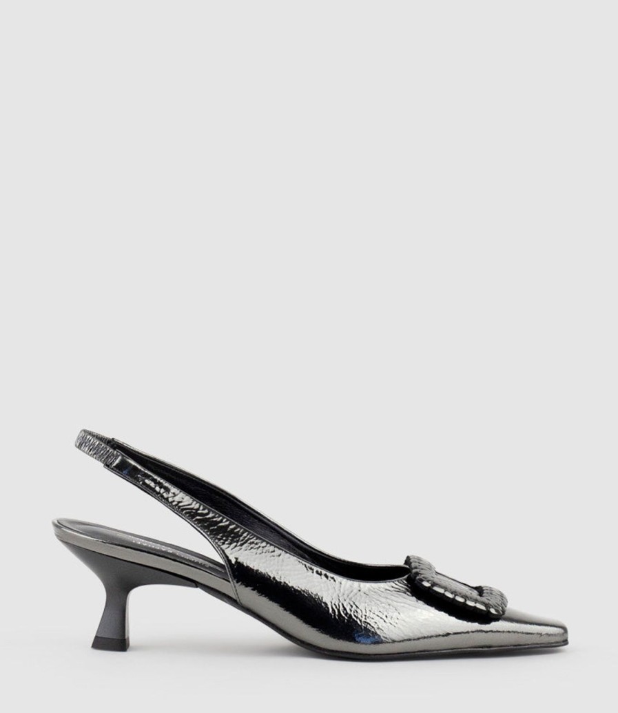 Edward Meller Dulce60 Slingback Pump With Buckle In Pewter Crinkle Clearance