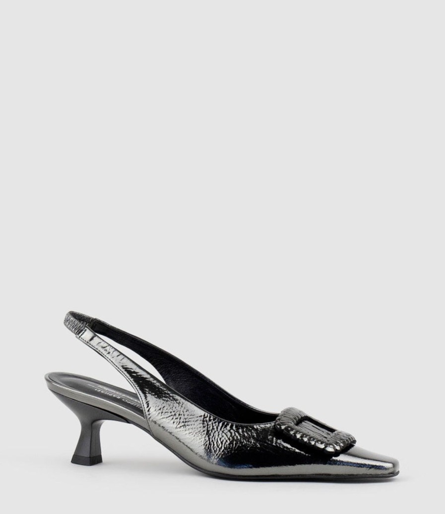 Edward Meller Dulce60 Slingback Pump With Buckle In Pewter Crinkle Clearance