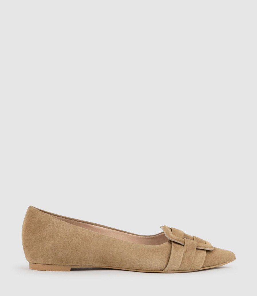 Edward Meller Destraflat Pointed Ballet With Buckle In Tan Suede Wholesale