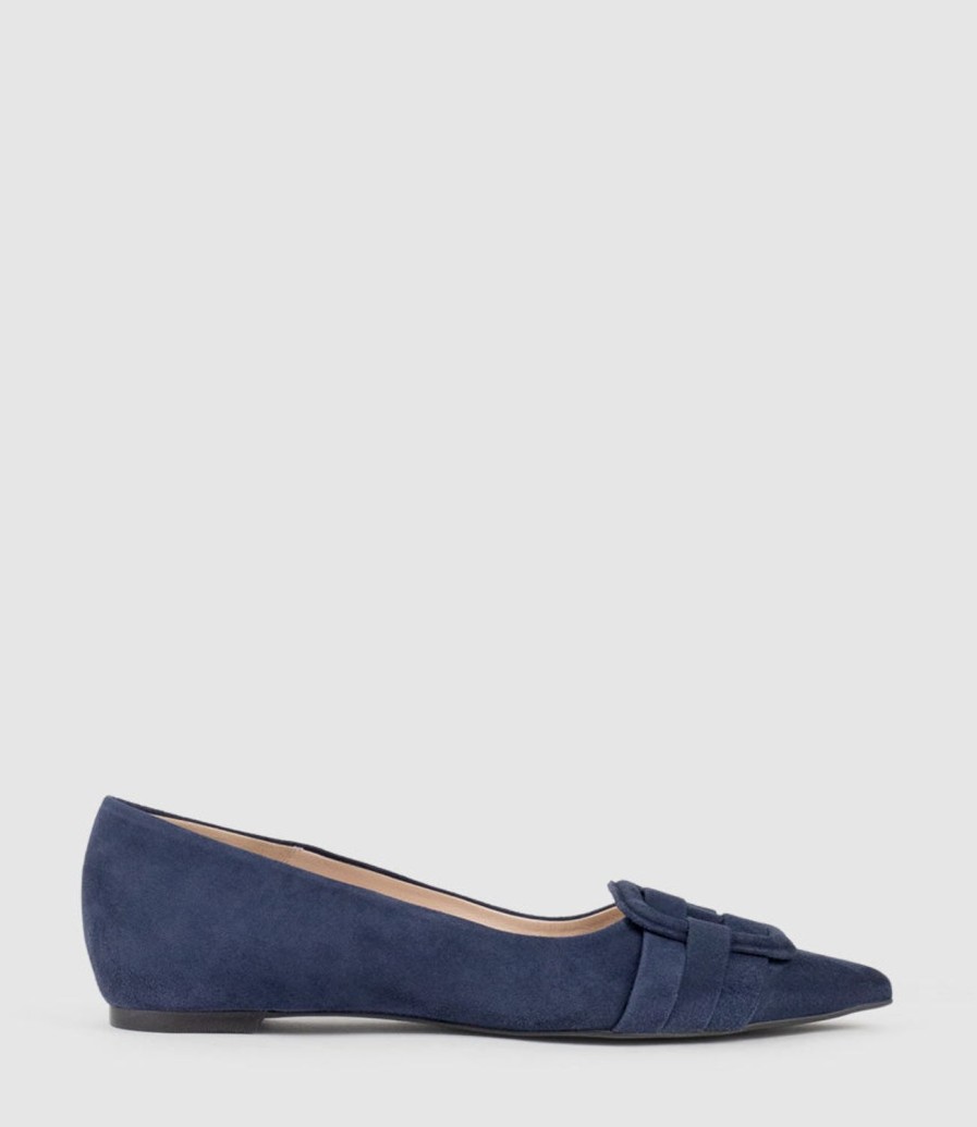 Edward Meller Destraflat Pointed Ballet With Buckle In Navy Suede Clearance