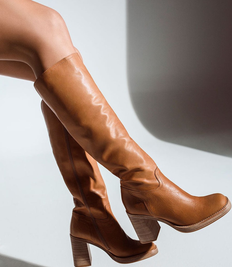 Edward Meller Veil Block Heel Knee High Boot In Camel Online