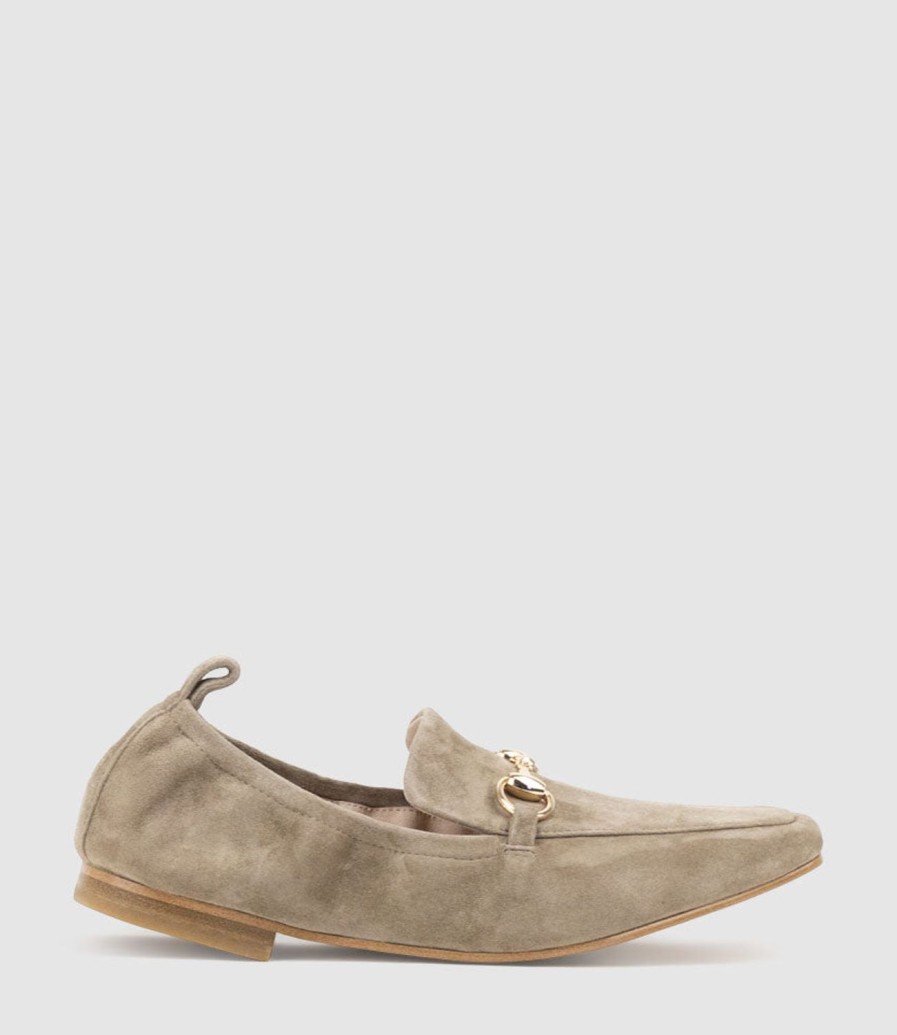 Edward Meller Finer Elastic Back Slipper With Hardware In Latte Suede Online