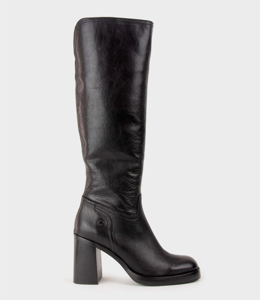 Edward Meller Veil Block Heel Knee High Boot In Black New