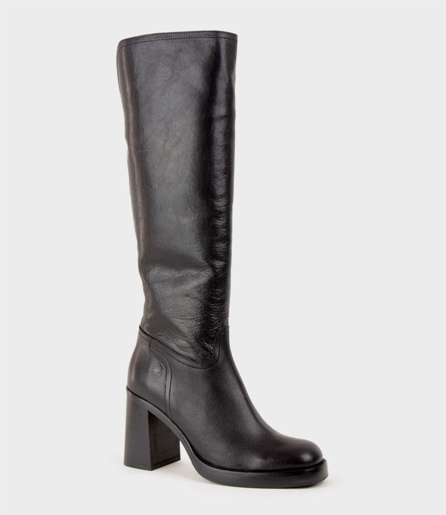 Edward Meller Veil Block Heel Knee High Boot In Black New