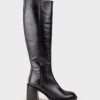 Edward Meller Vent Block Heel Knee High Boot In Black New