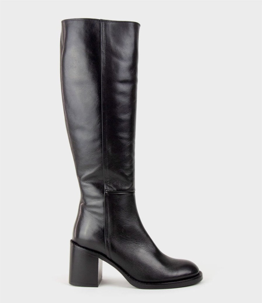 Edward Meller Vent Block Heel Knee High Boot In Black New