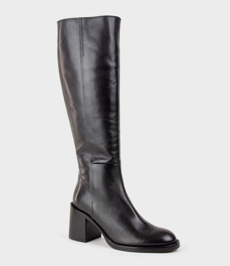 Edward Meller Vent Block Heel Knee High Boot In Black New