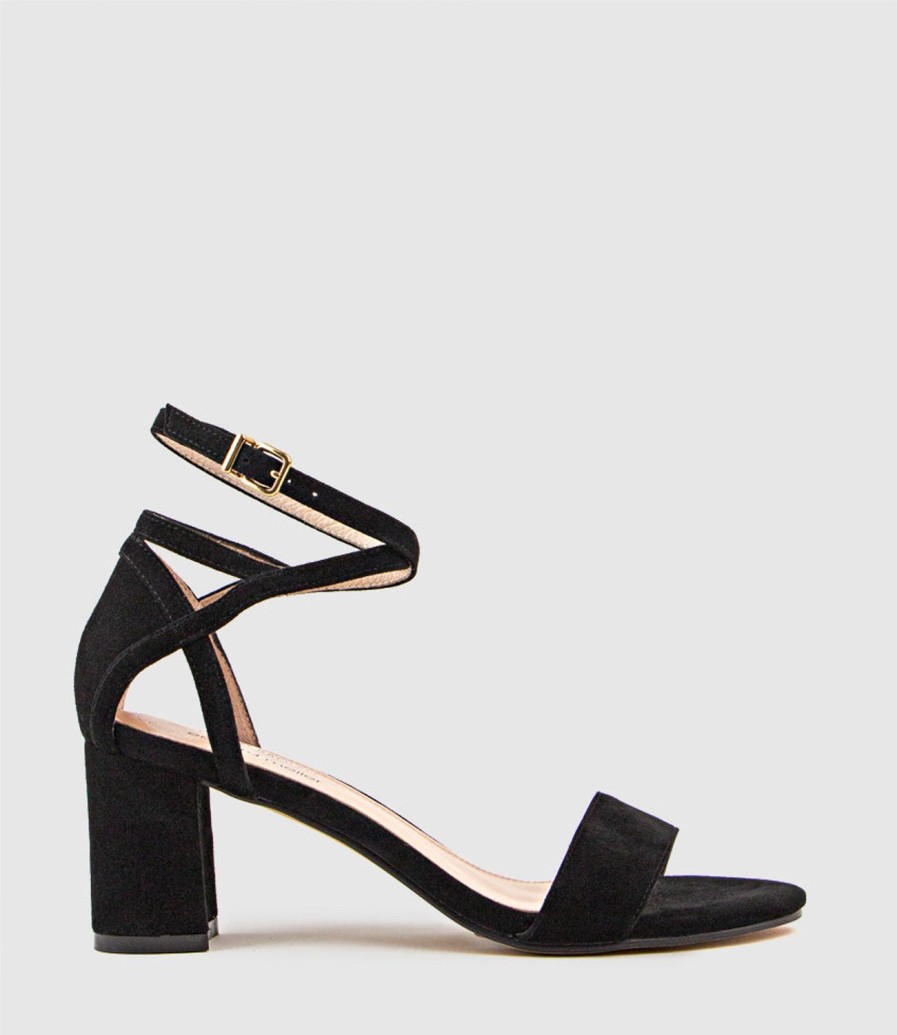 Edward Meller Kenia60 Block Heel Sandal With Hourglass Ankle Wrap In Black Suede Hot