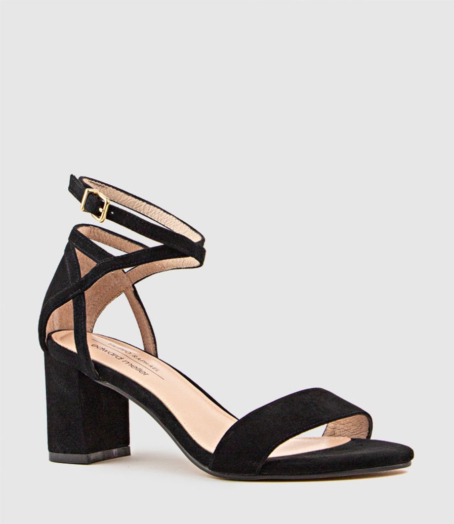 Edward Meller Kenia60 Block Heel Sandal With Hourglass Ankle Wrap In Black Suede Hot