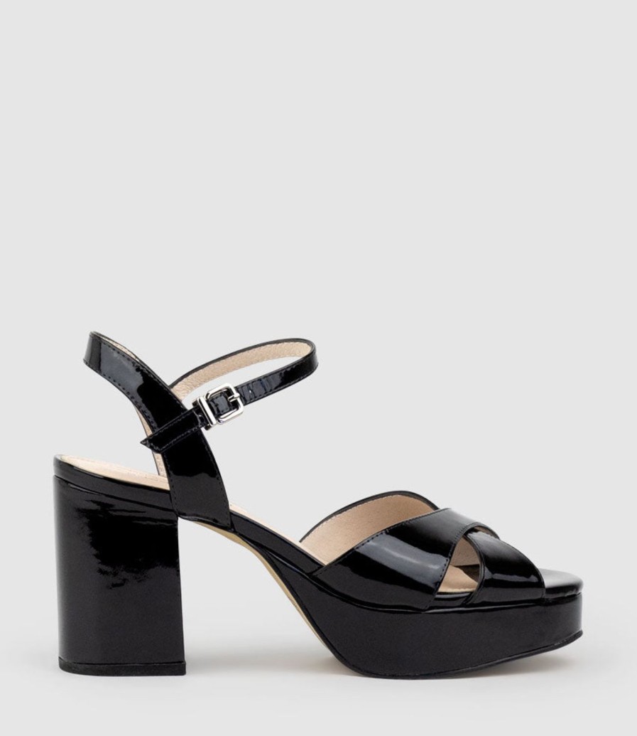 Edward Meller Roane80 Crossover Platform Sandal In Black Patent Hot