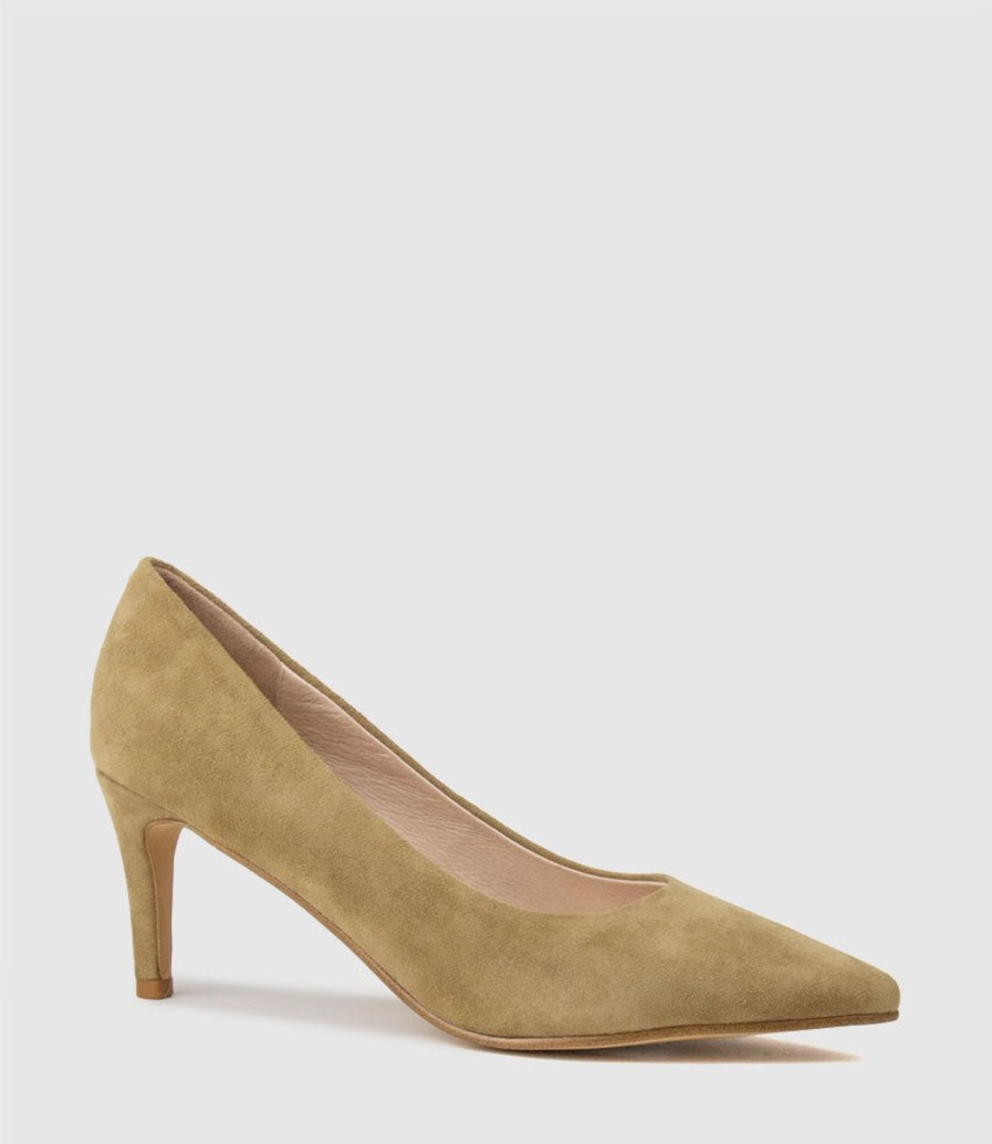 Edward Meller Adria 75Mm Pointed Toe Pump In Camel Suede New