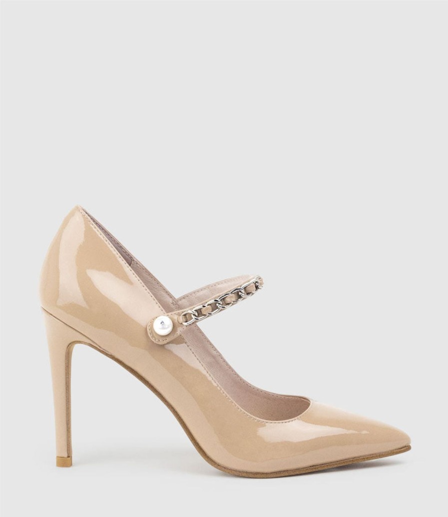 Edward Meller Goldie100 Pointed Pump With Chain In Nude Patent Best