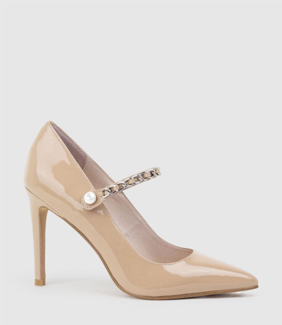 Edward Meller Goldie100 Pointed Pump With Chain In Nude Patent Best