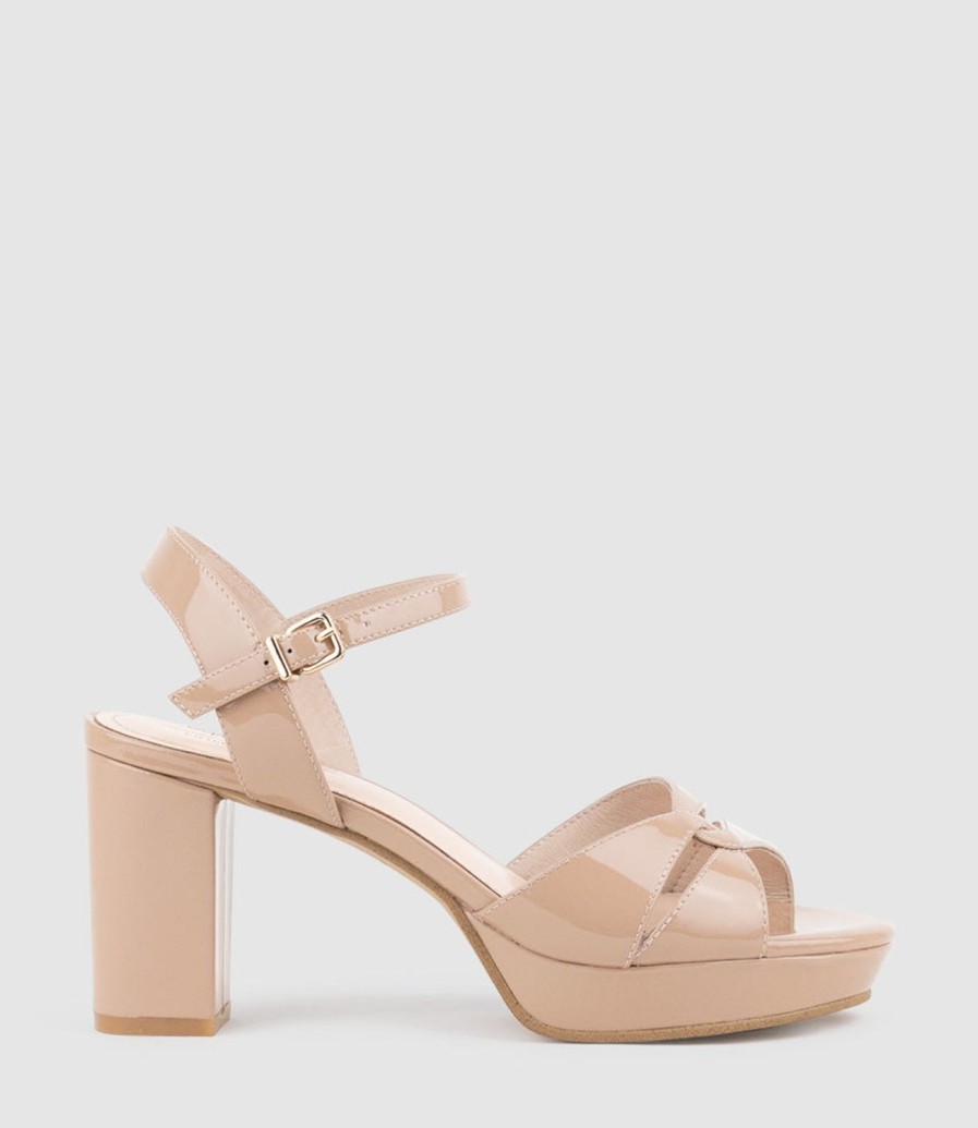 Edward Meller Regent80 Interlocked Detail Platform Sandal In Nude Patent New