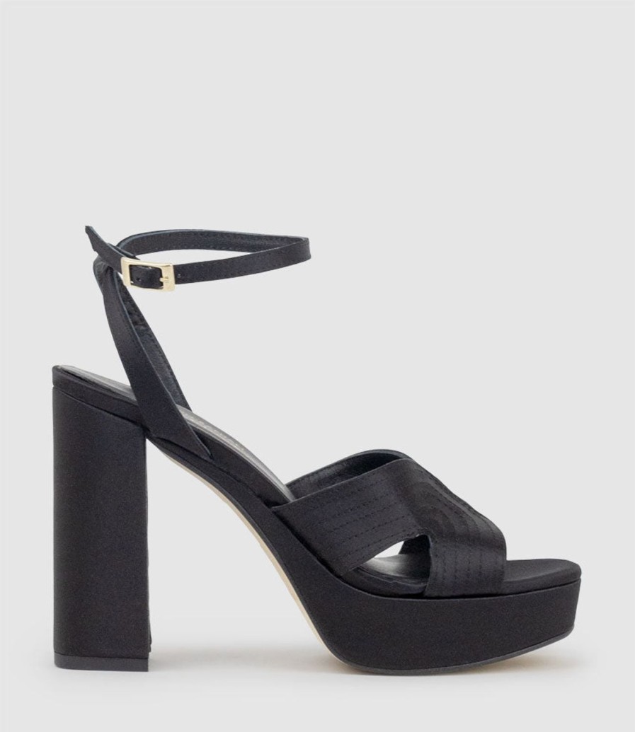 Edward Meller Rosalia100 Stitched Detail Platform Sandal In Black Satin Best