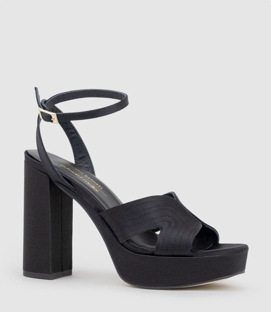 Edward Meller Rosalia100 Stitched Detail Platform Sandal In Black Satin Best