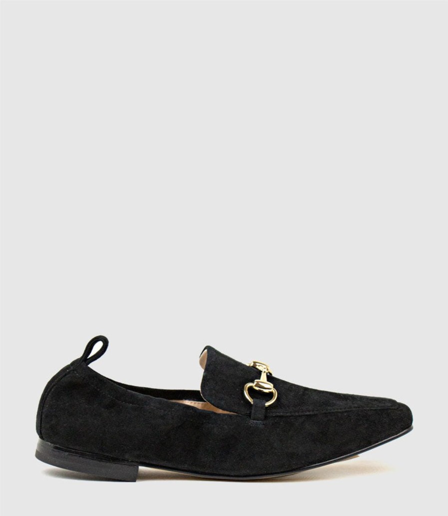 Edward Meller Finer Elastic Back Slipper With Hardware In Black Suede Clearance