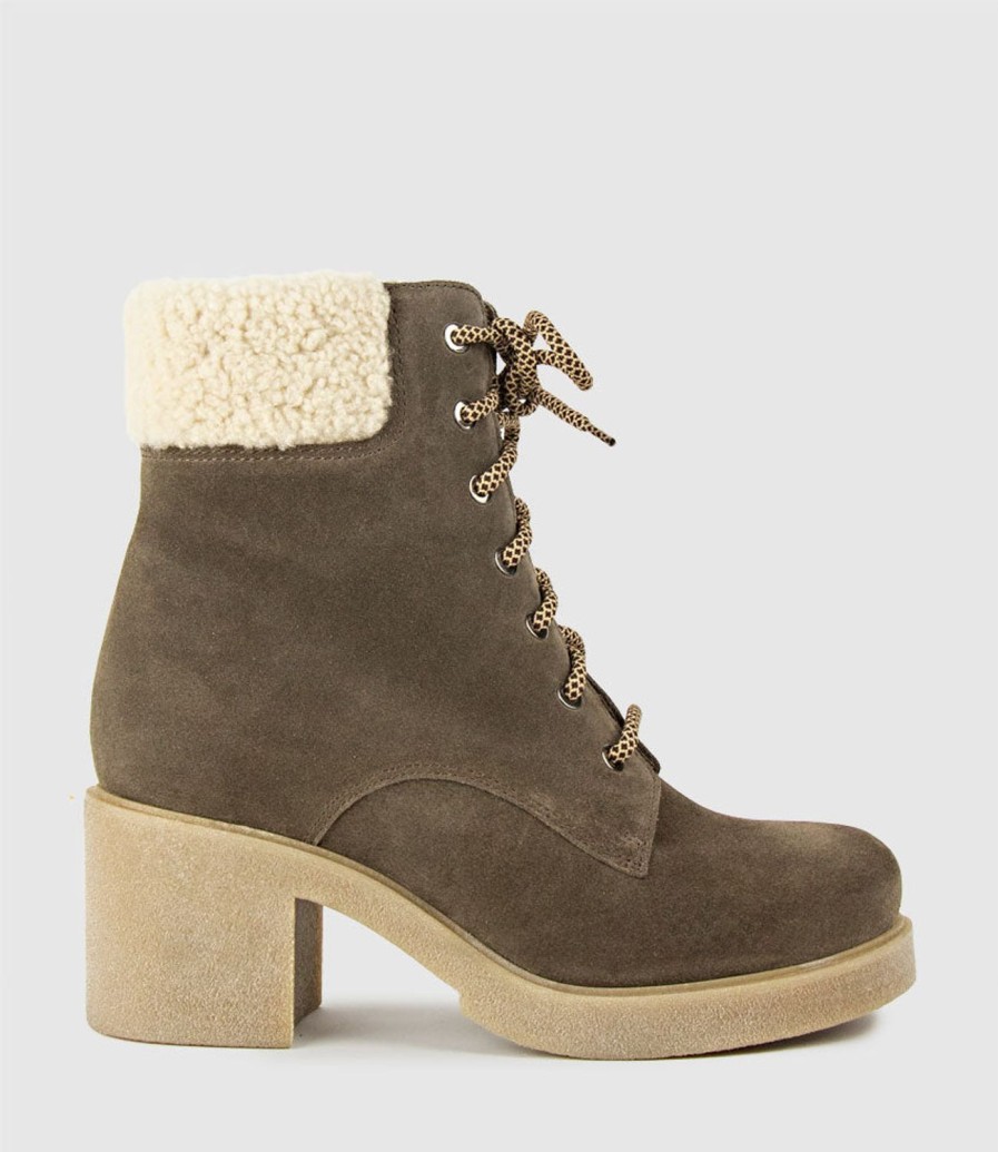 Edward Meller Zoom Lace Up With Shearling In Stone Suede New