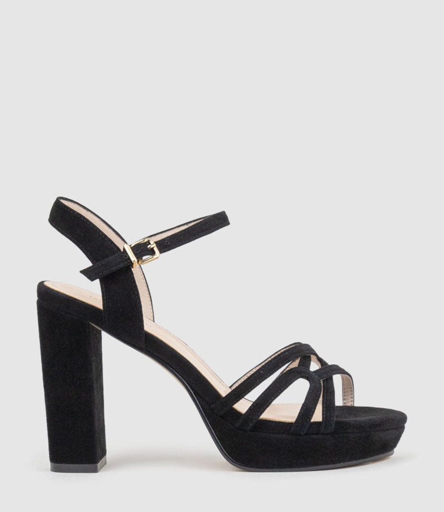 Edward Meller Ria100 Strappy Platform Sandal In Black Suede Hot