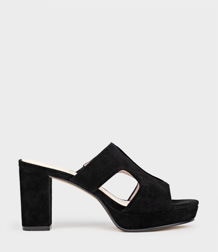 Edward Meller Iris80 Platform Slide With Cut-Out In Black Suede New